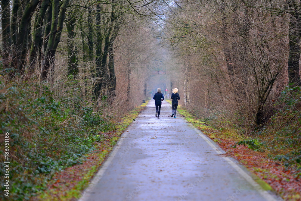 Family couple in a morning forest jogging. Family couple in a morning forest jogging.
