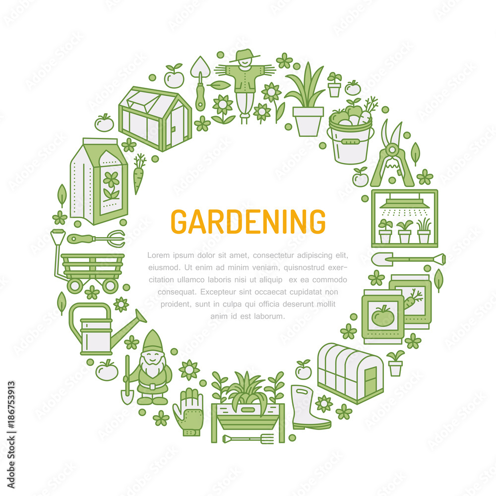 Gardening, planting and horticulture banner with vector line icon. Garden equipment, organic seeds, greenhouse, pruners watering can and other tools. Vegetables, flower cultivation thin linear poster. Gardening, planting and horticulture banner with vector line icon. Garden equipment, organic seeds, greenhouse, pruners watering can and other tools. Vegetables, flower cultivation thin linear poster.
