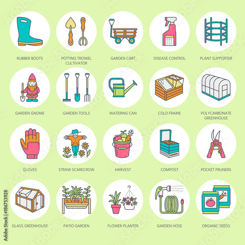 Gardening, planting and horticulture line icons. Garden equipment, organic seeds, fertilizer, greenhouse, pruners, watering can and other tools. Vegetables, flower cultivation linear signs.