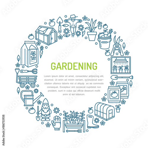 Gardening, planting and horticulture banner with vector line icon. Garden equipment, organic seeds, greenhouse, pruners watering can and other tools. Vegetables, flower cultivation thin linear poster.