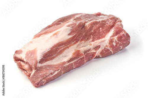 Raw pork neck boneless, close-up, isolated on white background.
