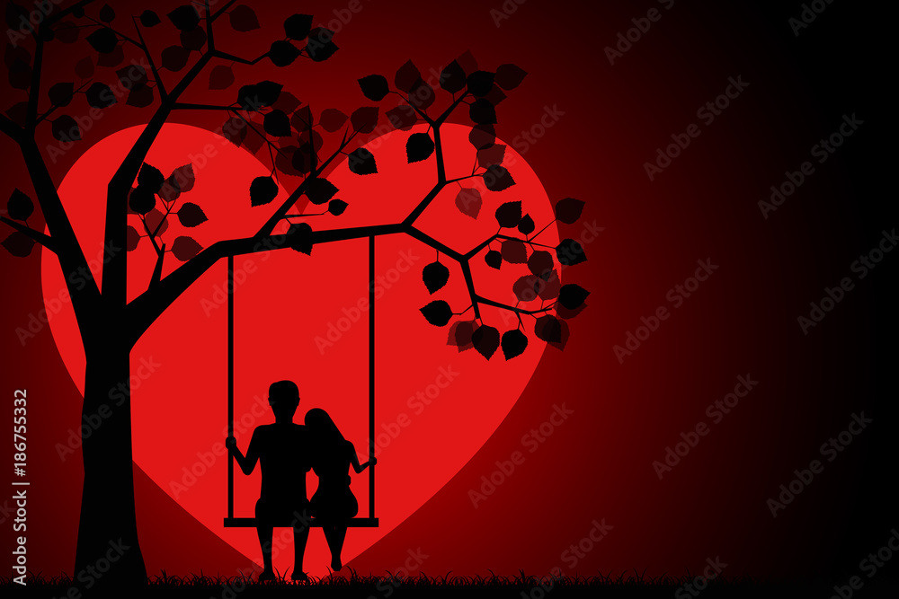 Romantic silhouette of loving couple sitting on a swing under a tree on ...