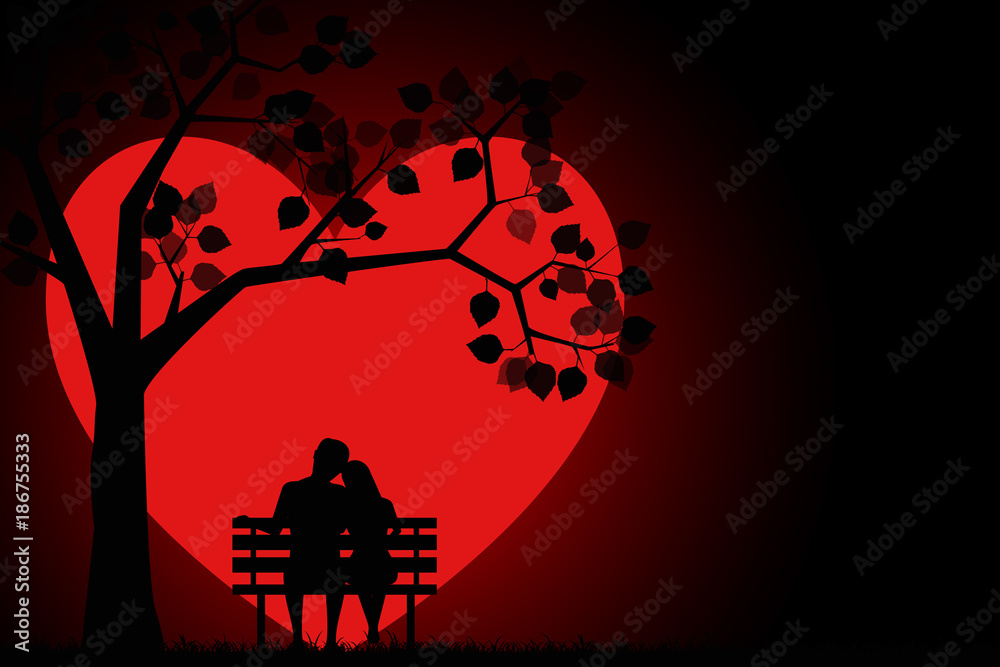 Romantic silhouette of loving couple sitting on a bench under a tree on ...