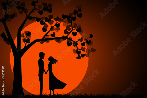 Romantic silhouette of loving couple under amazing tree with hearts in the moonlight. Valentines Day Card. Happy Lovers. Beautiful romantic card. Vector illustration