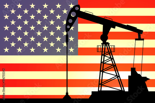 Oil pump on background of flag of USA. Vector illustration