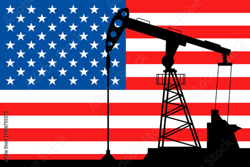 Oil pump on background of flag of USA. Vector illustration