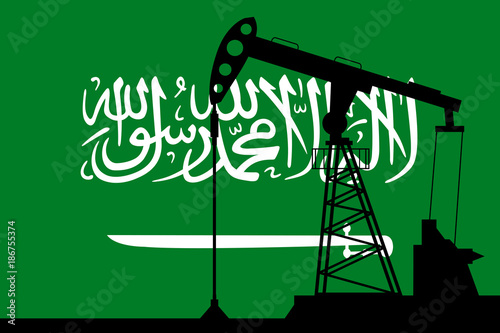 Oil pump on background of flag of Saudi Arabia. Vector illustration