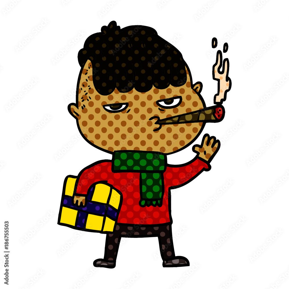 cartoon man smoking carrying christmas gift cartoon man smoking carrying christmas gift