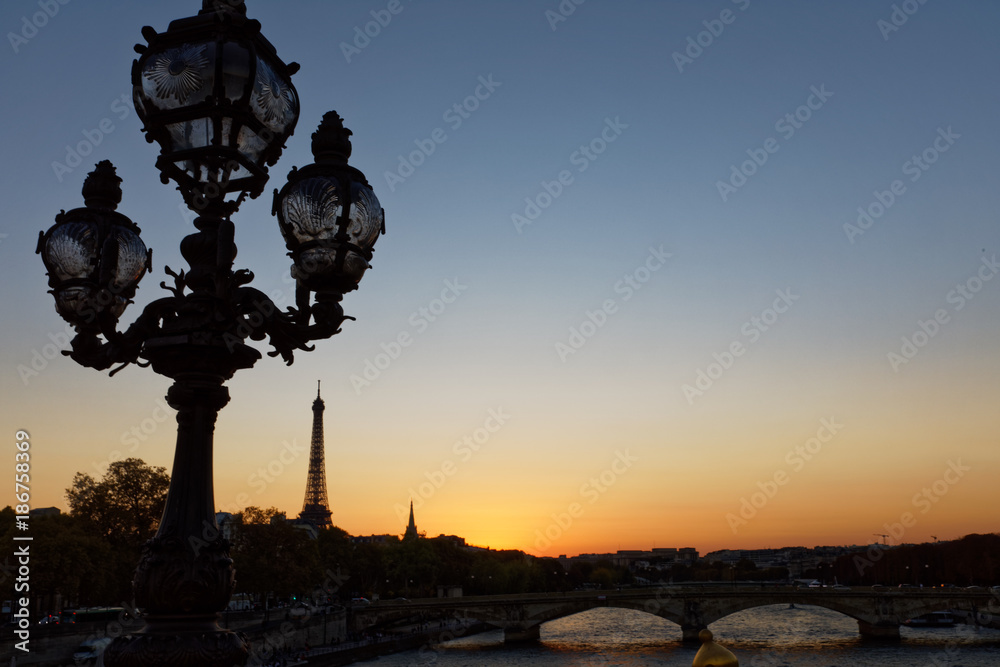 Eiffel tower viewed from Alexander III bridge in Paris, France, October 14, 2017 Eiffel tower viewed from Alexander III bridge in Paris, France, October 14, 2017