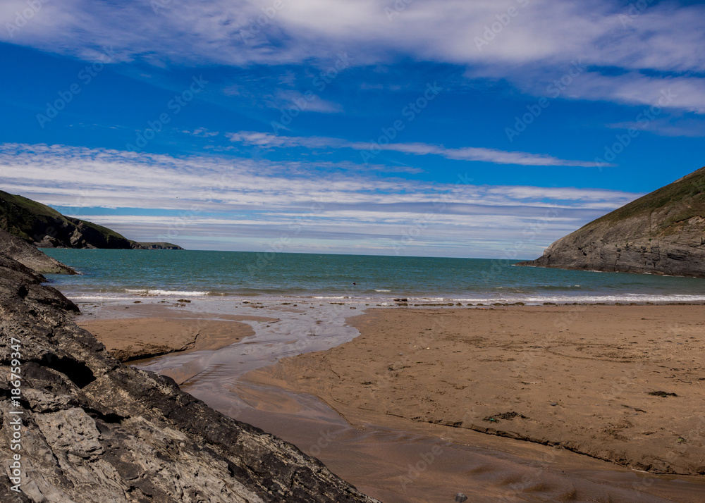 Amazing coastline and golden sands at Mwnt beach, Cardigan Bay, Pembrokeshire, Wales, Uk