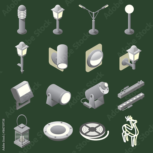 Set of outdoor lights icons in isometric view / Icons of outdoor lights in isometric view and gradient fill on dark background
