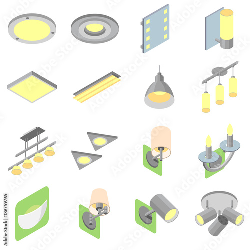 Set of indoor lights icons in isometric view / Icons of indoor lights in isometric view and solid fill on white background
