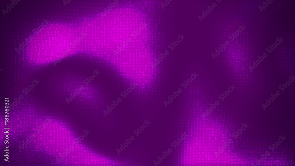 Vector abstract big data visualization. Violet glowing data flow as binary numbers. Computer code representation. Cryptographic analysis, hacking. Bitcoin, blockchain transfer. Pattern of program code