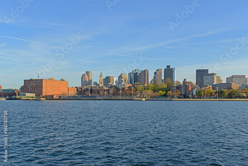 Boston City Skyscrapers, Custom House, Old North Church and Boston Waterfront from Charlestown Navy Yard, Boston, Massachusetts, USA.