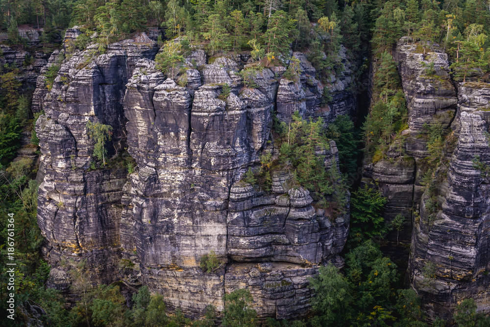 Rocks near Pravcice Gate in Bohemian Switzerland region in Elbe Sandstone Mountains, Czech Republic Rocks near Pravcice Gate in Bohemian Switzerland region in Elbe Sandstone Mountains, Czech Republic