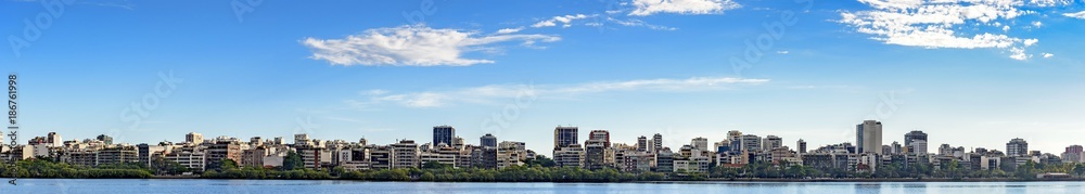 Panoramic image of the Ipanema neighborhood and its buildings seen from the lagoon Rodrigo de Freitas during the afternoon