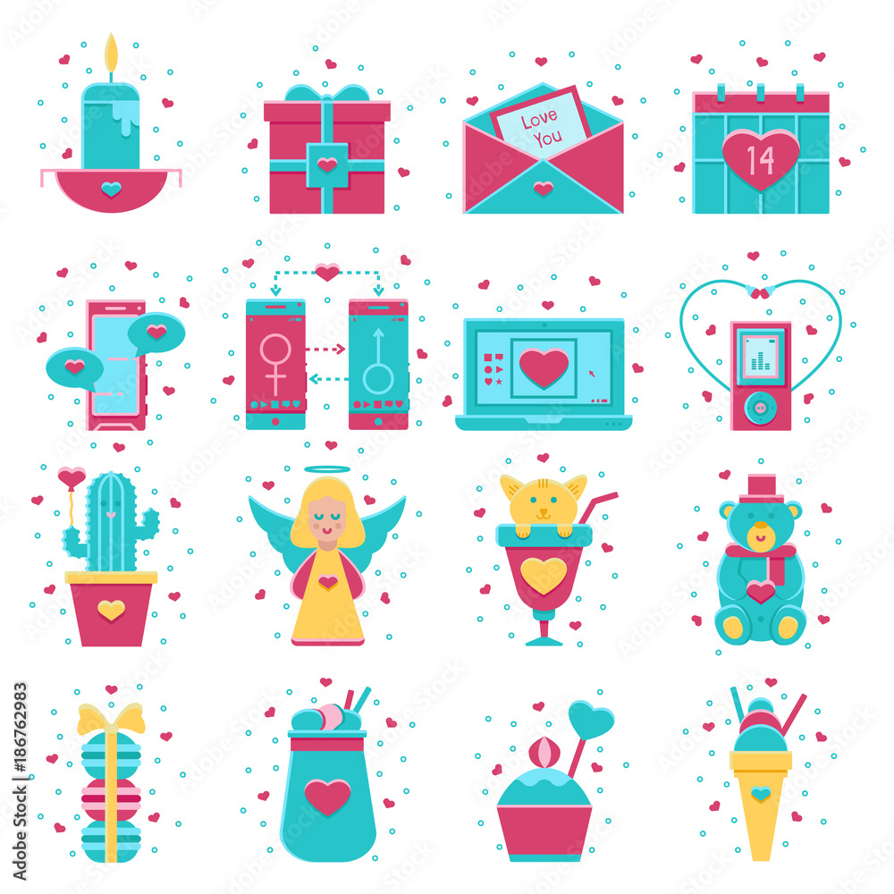Valentine's Day flat icon set: calendar, gift box, desserts, characters. Set of vector signs for wedding, engagement, marriage events, social and dating apps, 14 february cards, posters, banners. Valentine's Day flat icon set: calendar, gift box, desserts, characters. Set of vector signs for wedding, engagement, marriage events, social and dating apps, 14 february cards, posters, banners.