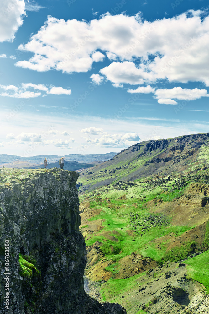 Obraz premium famous Haifoss waterfall in southern Iceland. treking in Iceland. Travel and landscape photography concept