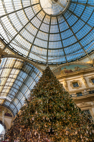 Giant Christmas Tree under glas cupola of Galleria Vittorio Emanuele II, Milano