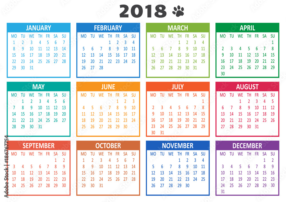Calendar 2018, template. Week starts from Monday. Vector illustration Calendar 2018, template. Week starts from Monday. Vector illustration