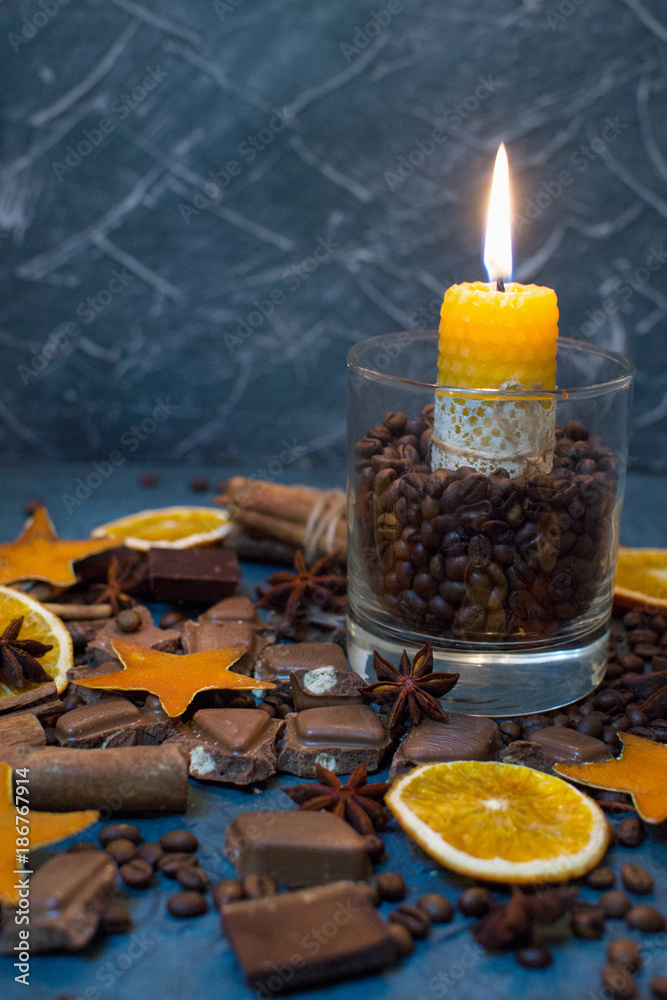 Fire candle in the glass with coffee (vertically) Fire candle in the glass with coffee (vertically)