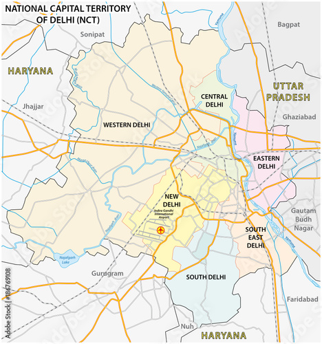 Administrative  political and street map of the National Capital Territory of Delhi NCT