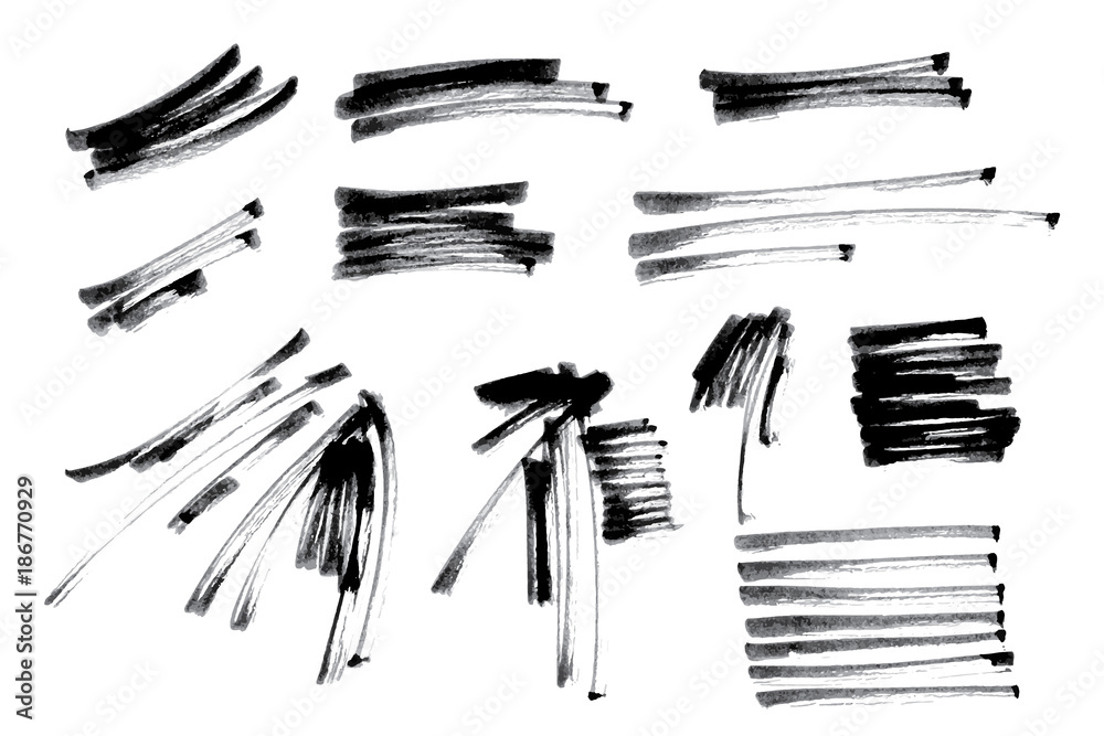 Vector set of ink pen brush strokes. Grayscale design elements. Different kinds of lines drawn by hand. Brushed elements.