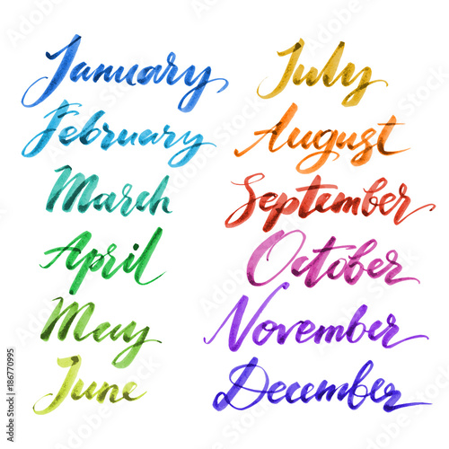 Months of the year by hand. Hand drawn creative calligraphy and brush pen lettering by watercolor, design for posters, cards, and invitations.