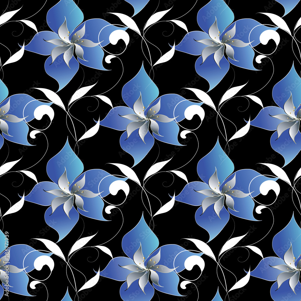 Floral elegant seamless pattern. Vector black background wallpaper  illustration with vintage hand drawn blue flowers, swirl white leaves and  modern ornaments. Luxury floral texture. Stock Vector | Adobe Stock