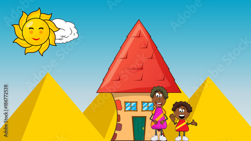 african black boy cartoon with mother and house on pyramid background
