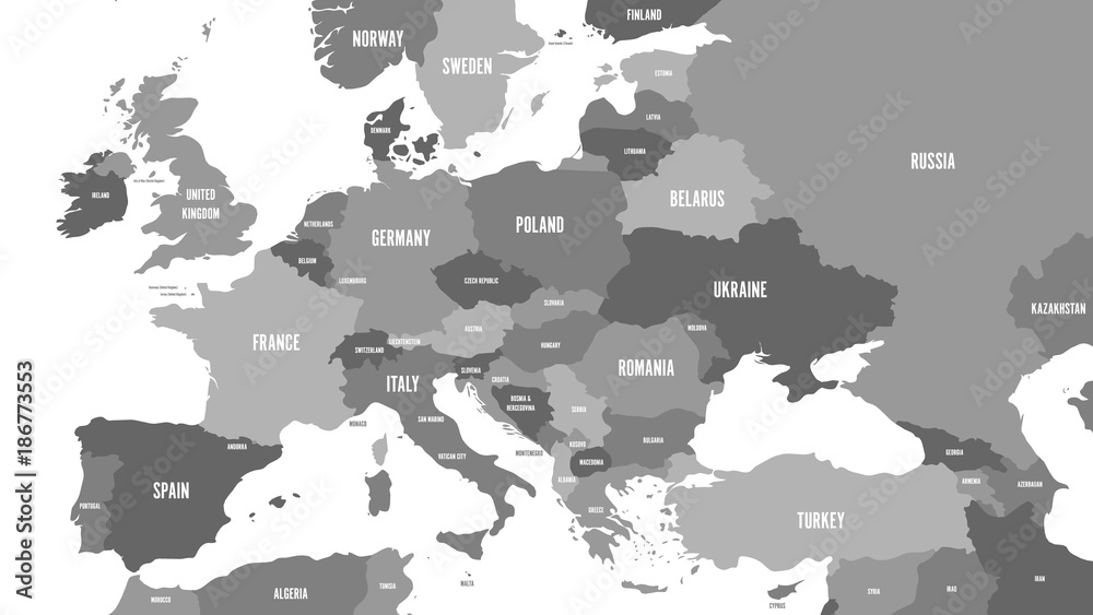 Political map of Europe and Caucasian region in shades of gray on white background. Simple flat vector illustration. - obrazy, fototapety, plakaty 
