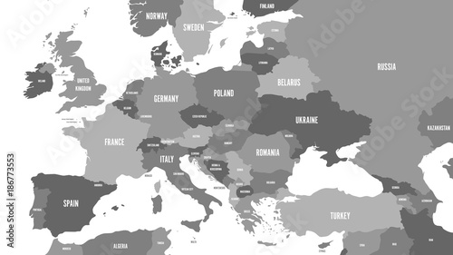 Political map of Europe and Caucasian region in shades of gray on white background. Simple flat vector illustration.