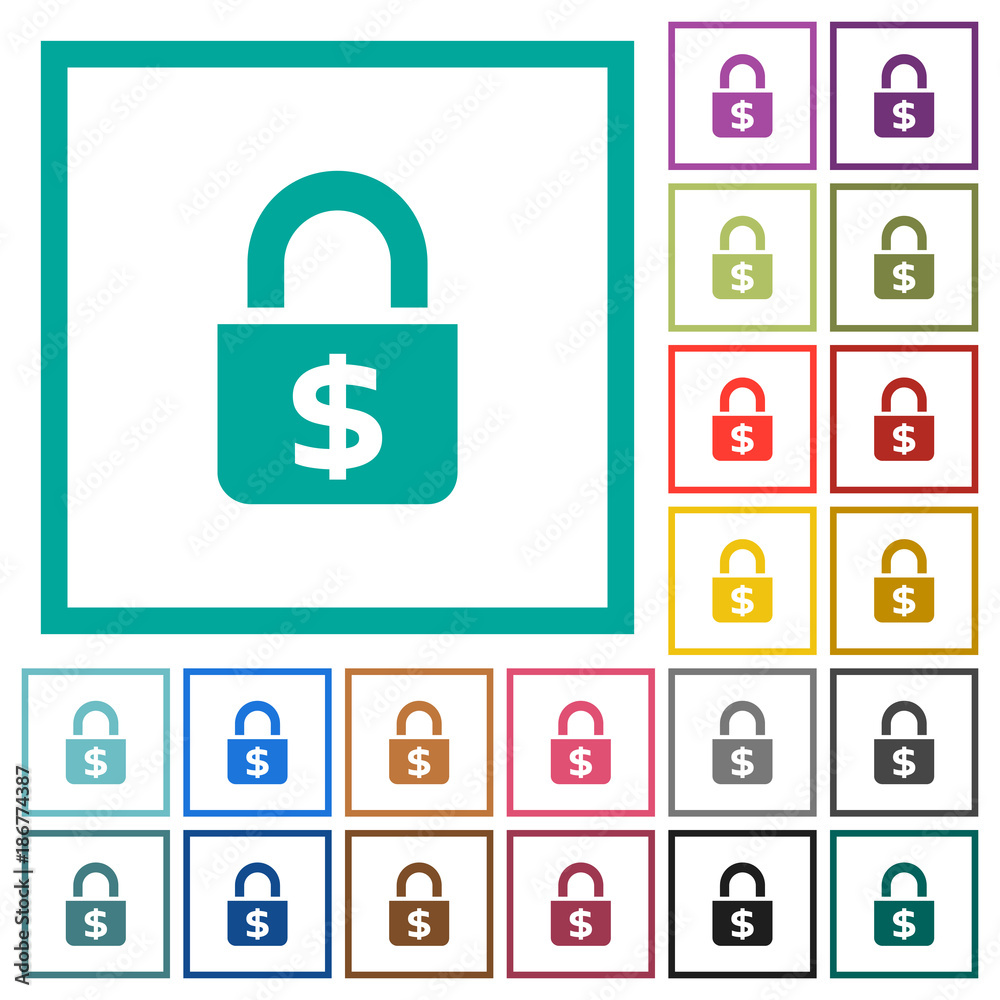 Locked Dollars flat color icons with quadrant frames Locked Dollars flat color icons with quadrant frames