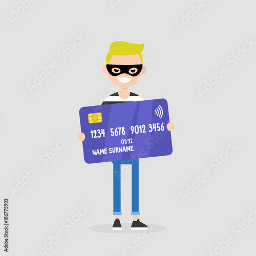 Stealing money. Thief in a black mask holding a credit card. Theft. Robbery. Flat editable vector illustration, clip art
