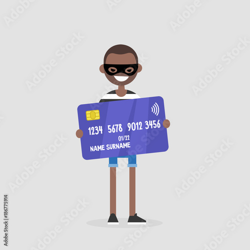 Stealing money. Thief in a black mask holding a credit card. Theft. Robbery. Flat editable vector illustration, clip art