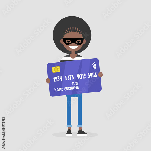 Stealing money. Thief in a black mask holding a credit card. Theft. Robbery. Flat editable vector illustration, clip art