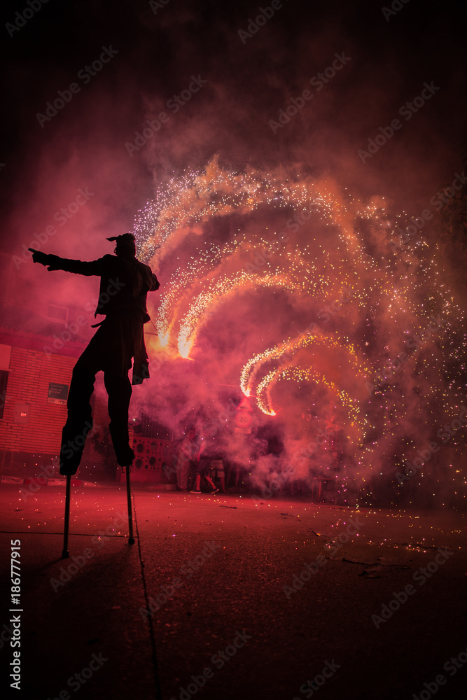Fire show through the streets of Torres de Berrellen village in Zaragoza.