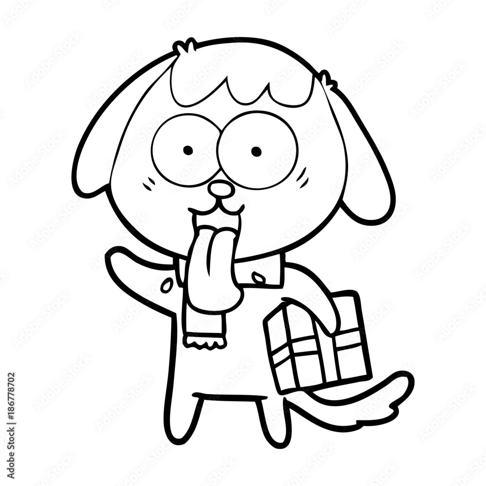 cute cartoon dog with christmas present