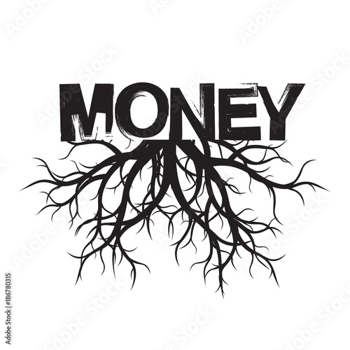 Black Roots Tree and text MONEY. Vector Illustration.