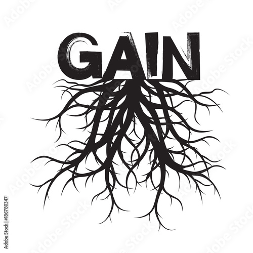 Black Roots Tree and text GAIN. Vector Illustration.