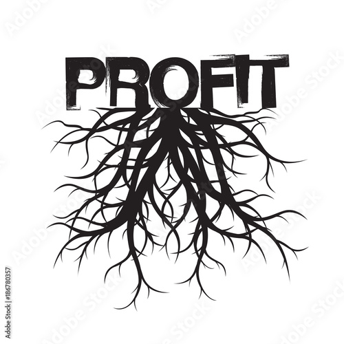 Black Roots Tree and text PROFIT. Vector Illustration.