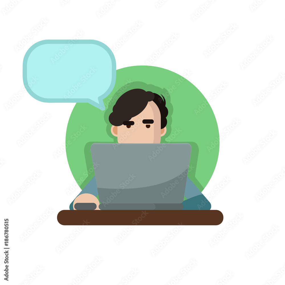 Vector illustration of a man using a laptop with speechbubble