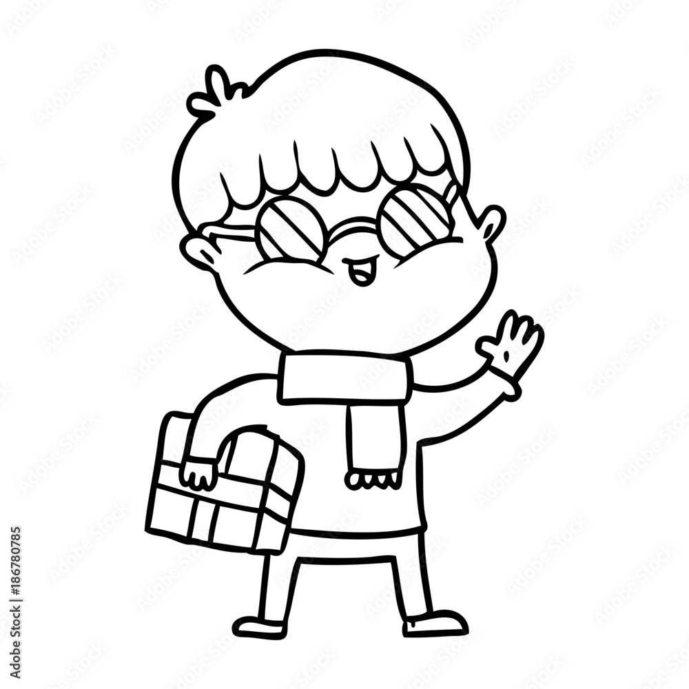 cartoon boy wearing spectacles carrying gift
