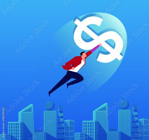 Businessman clutching dollars flying to the sky