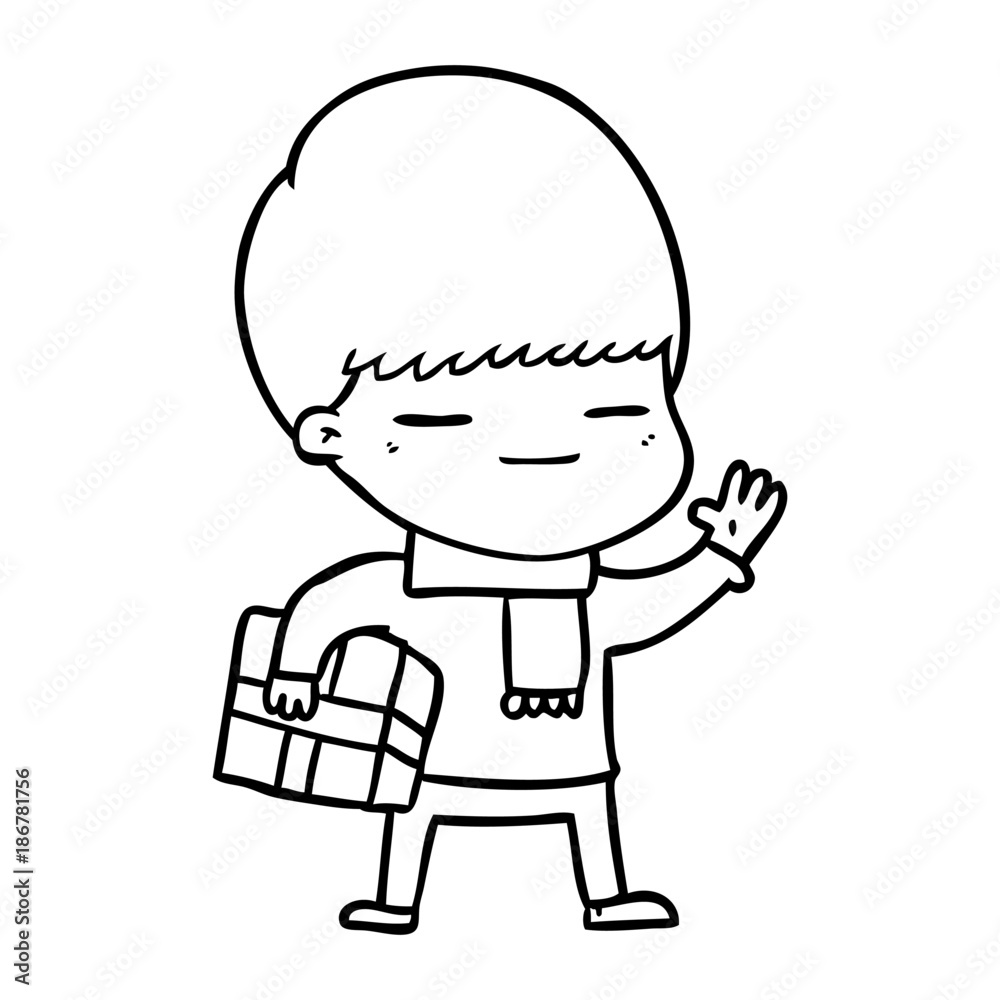 cartoon smug boy carrying present