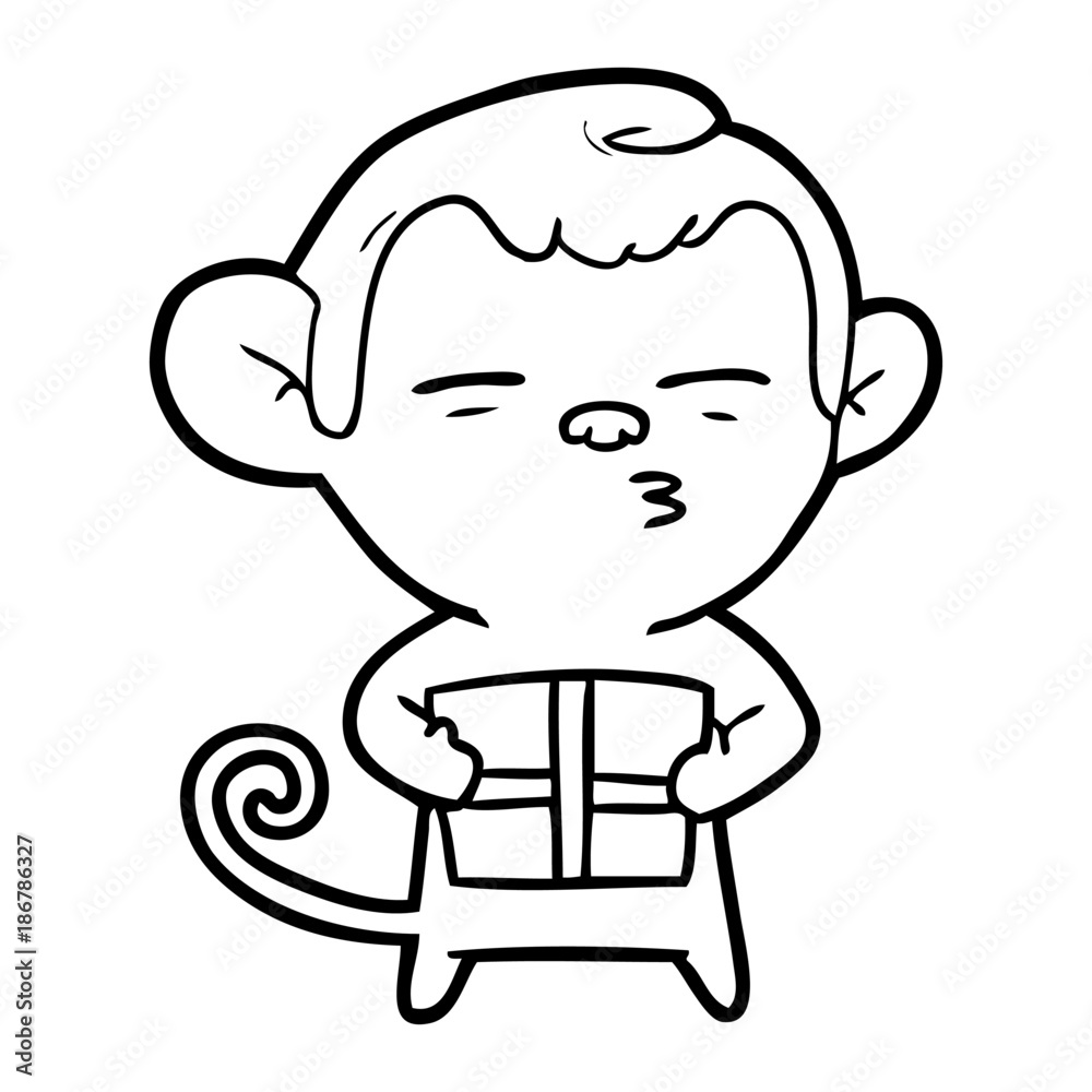 cartoon suspicious monkey with present cartoon suspicious monkey with present