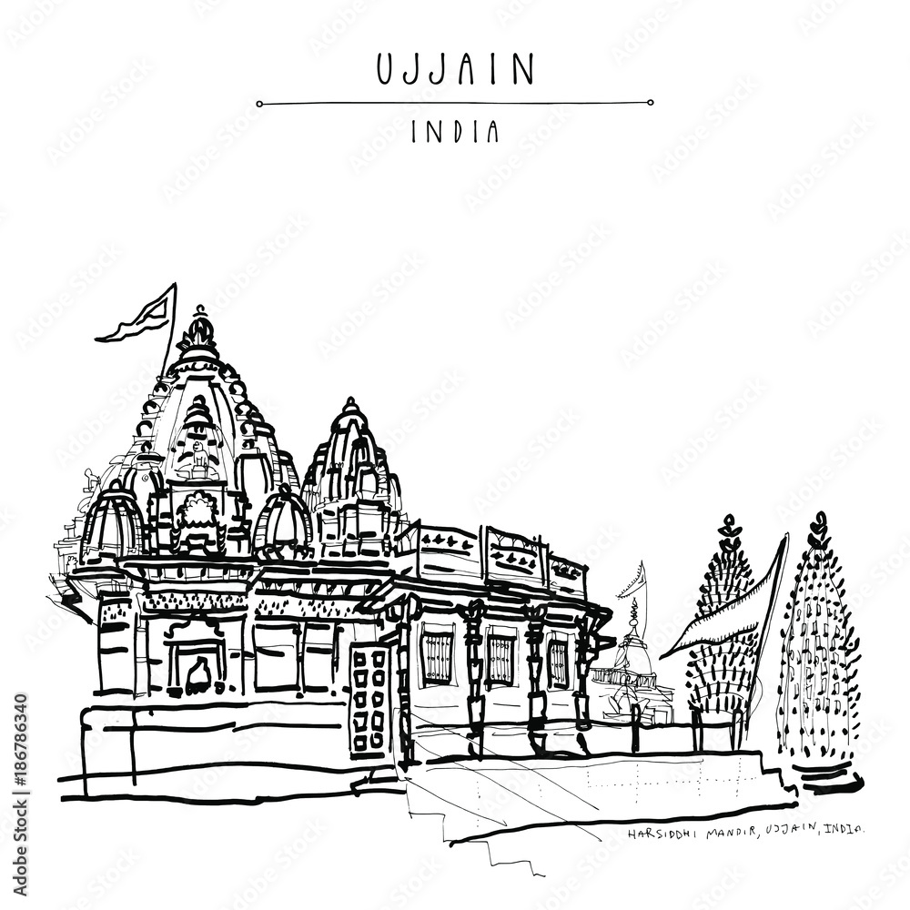 Harsiddhi Mandir (Hindu temple) in holy city of Ujjain, Madhya Pradesh, India. Artistic travel sketch. Vintage hand drawn postcard or poster in vector