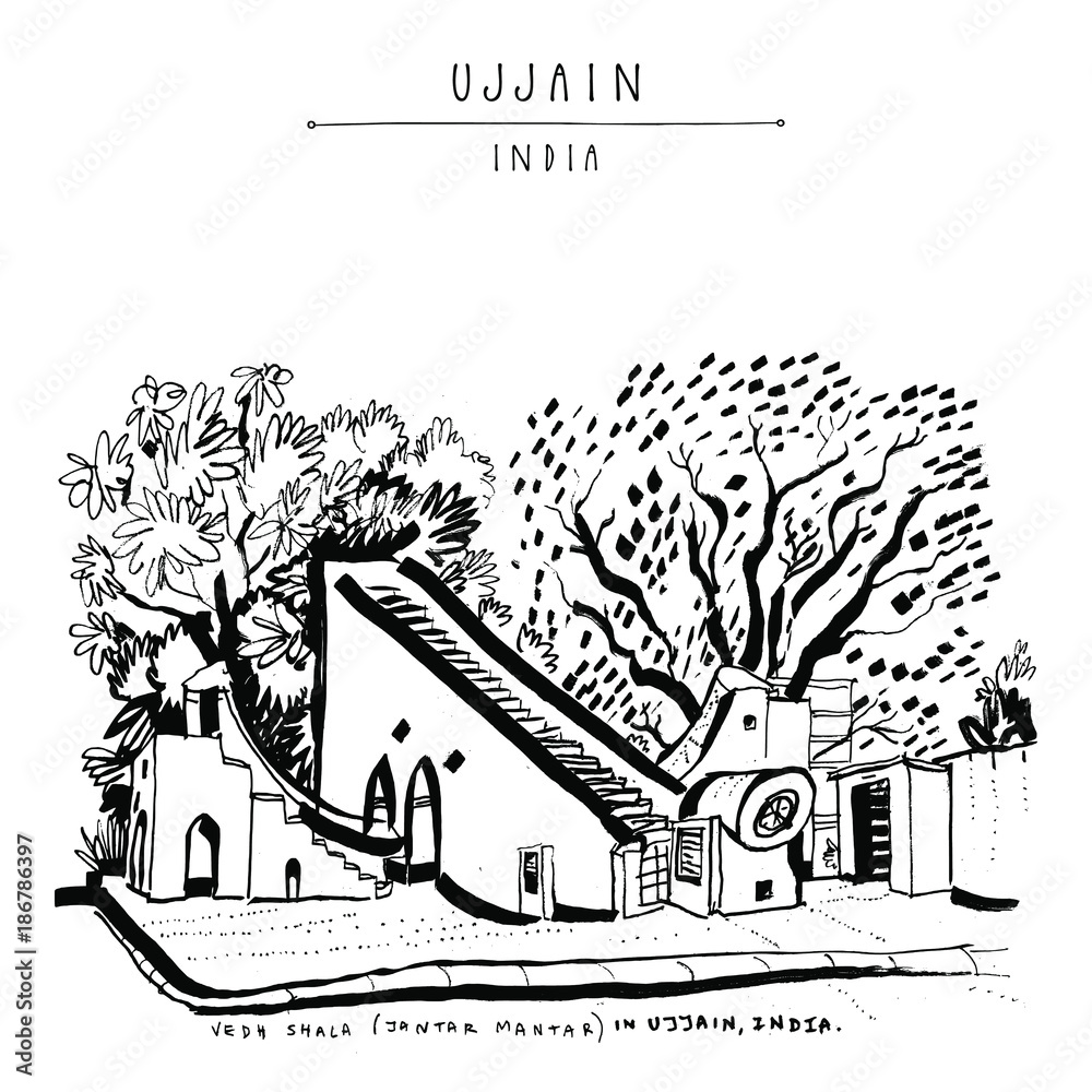 Vedh Shala (Jantar Mantar) historical observatory in Ujjain, Madhya Pradesh, India. Artistic travel sketch. Vintage hand drawn postcard or poster in vector
