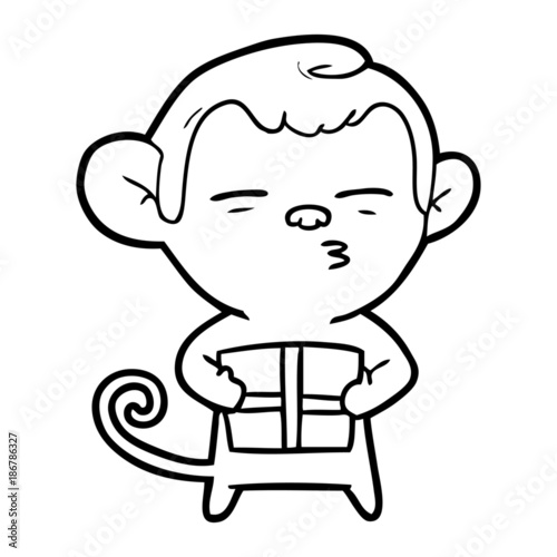 cartoon suspicious monkey with present