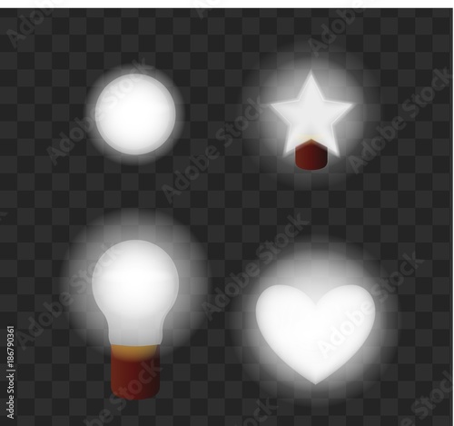 glowing lamps on a transparent background. Vector lamp in the form of a ball. hearts  stars  belfry illustration of light effects